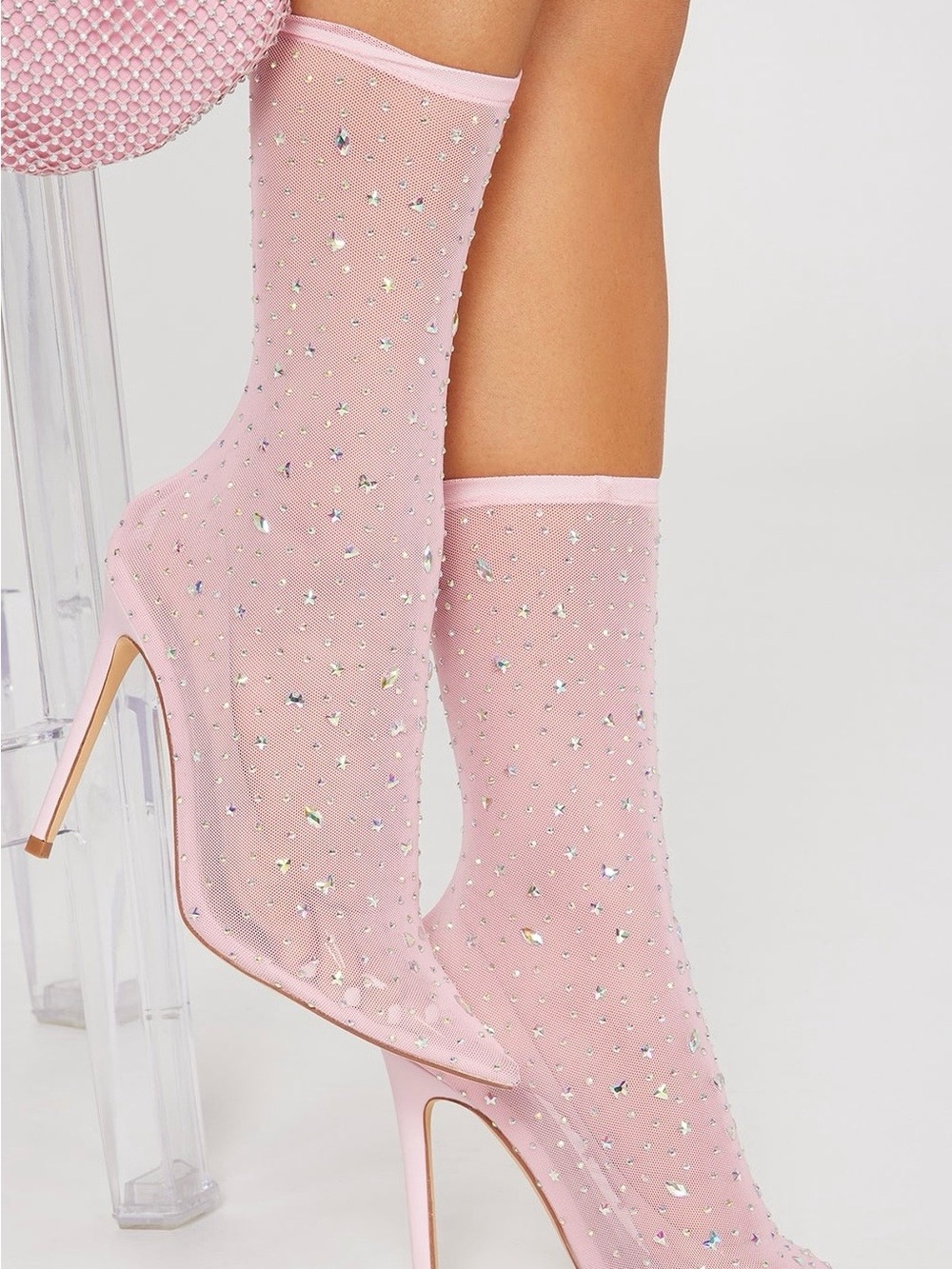 Fashion Nova Pink Rhinestone Mesh Sock Heels